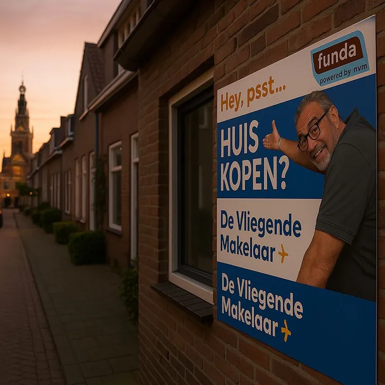 Foto van ons verkoopbord met de Alkmaarse Waagtoren op de achtergrond